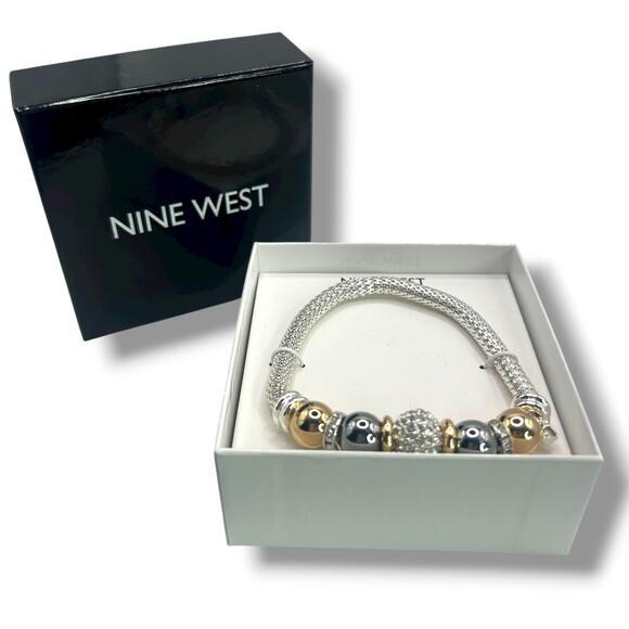 NEW Nine West Tri-Tone Pave Fireball Stretch Bracelet Silver Gold Gray Beaded - Picture 2 of 8